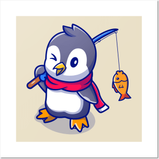 Cute Penguin Fishing Cartoon Posters and Art